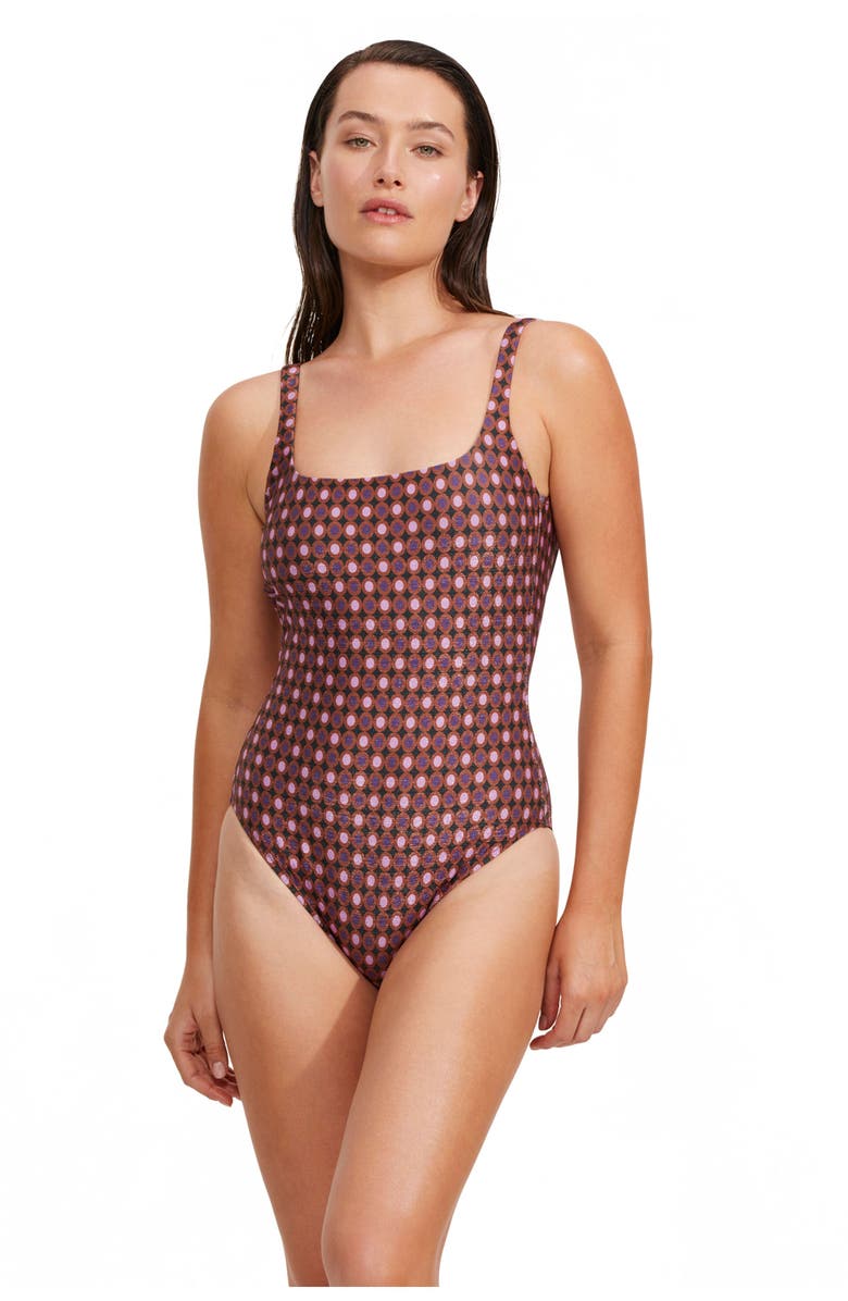 Luma Gottex Vintage Charm Square Neck Tank One Piece, Main, color, Purple / Bronze