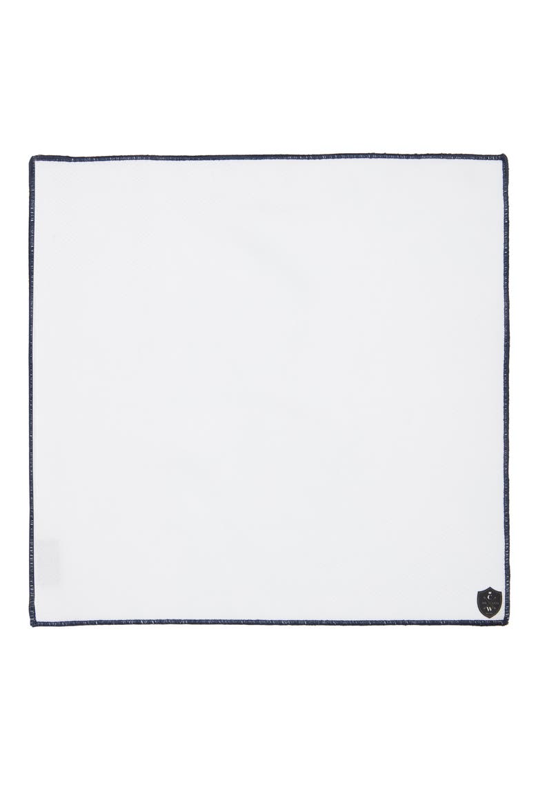 White Cotton Herringbone Pocket Square with Navy Trim, Alternate, color, WHITE/NAVY
