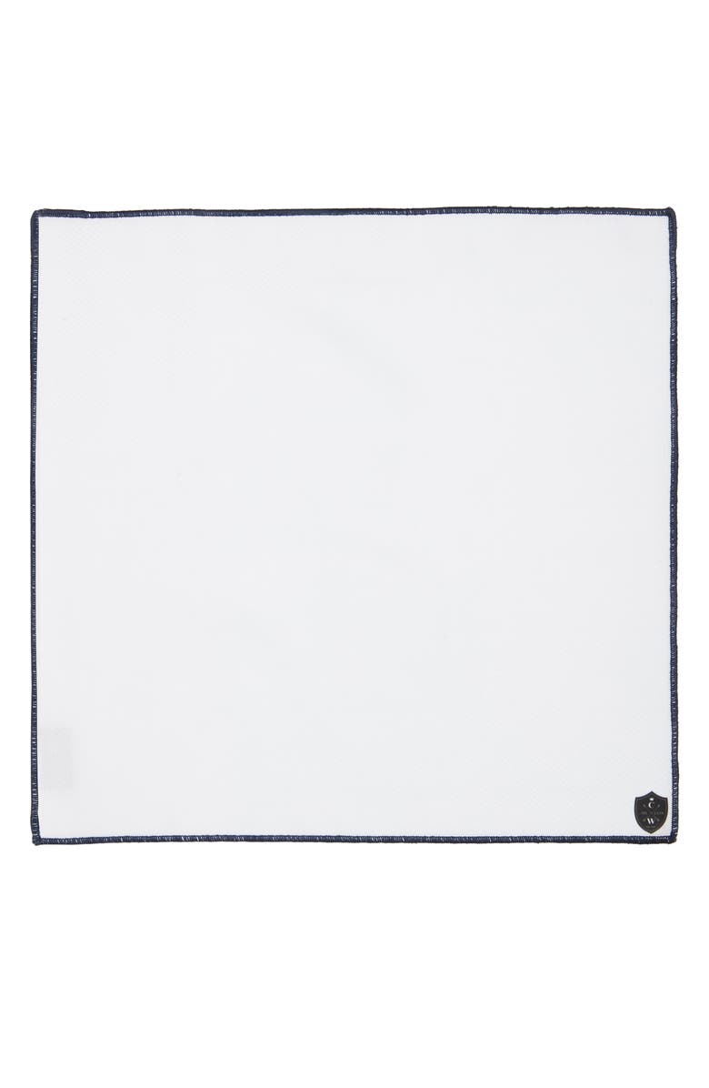 CLIFTON WILSON White Cotton Herringbone Pocket Square with Navy Trim, Alternate, color, White/Navy