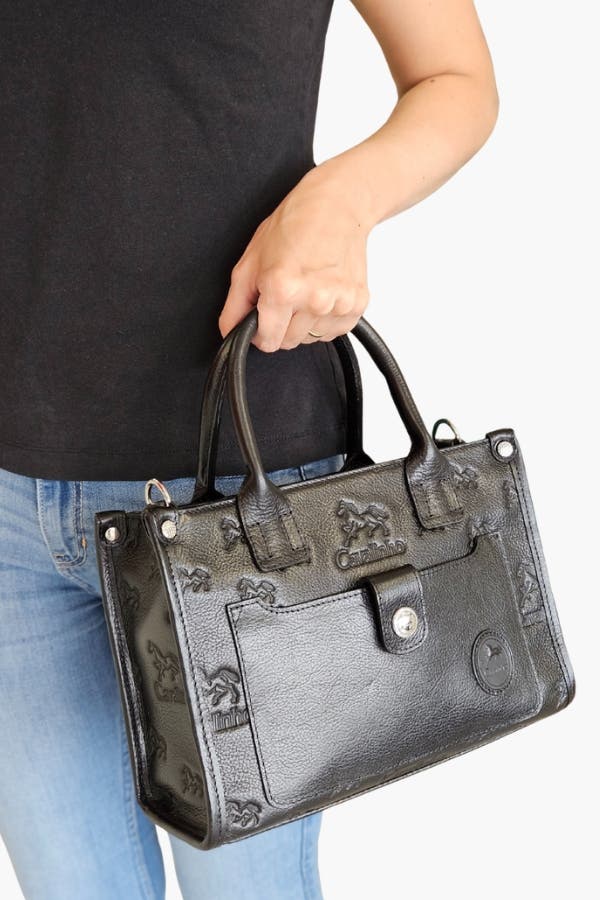 Cavalo Lusitano 524 Embossed Leather Handbag, Alternate, color, Black