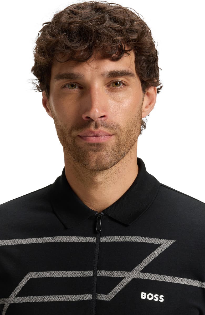 BOSS Phlix Geometric Print Cotton Zip Polo, Alternate, color, Black