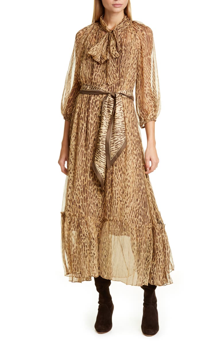 Zimmermann Espionage Leopard Print Tie Neck Silk Midi Dress, Main, color, 