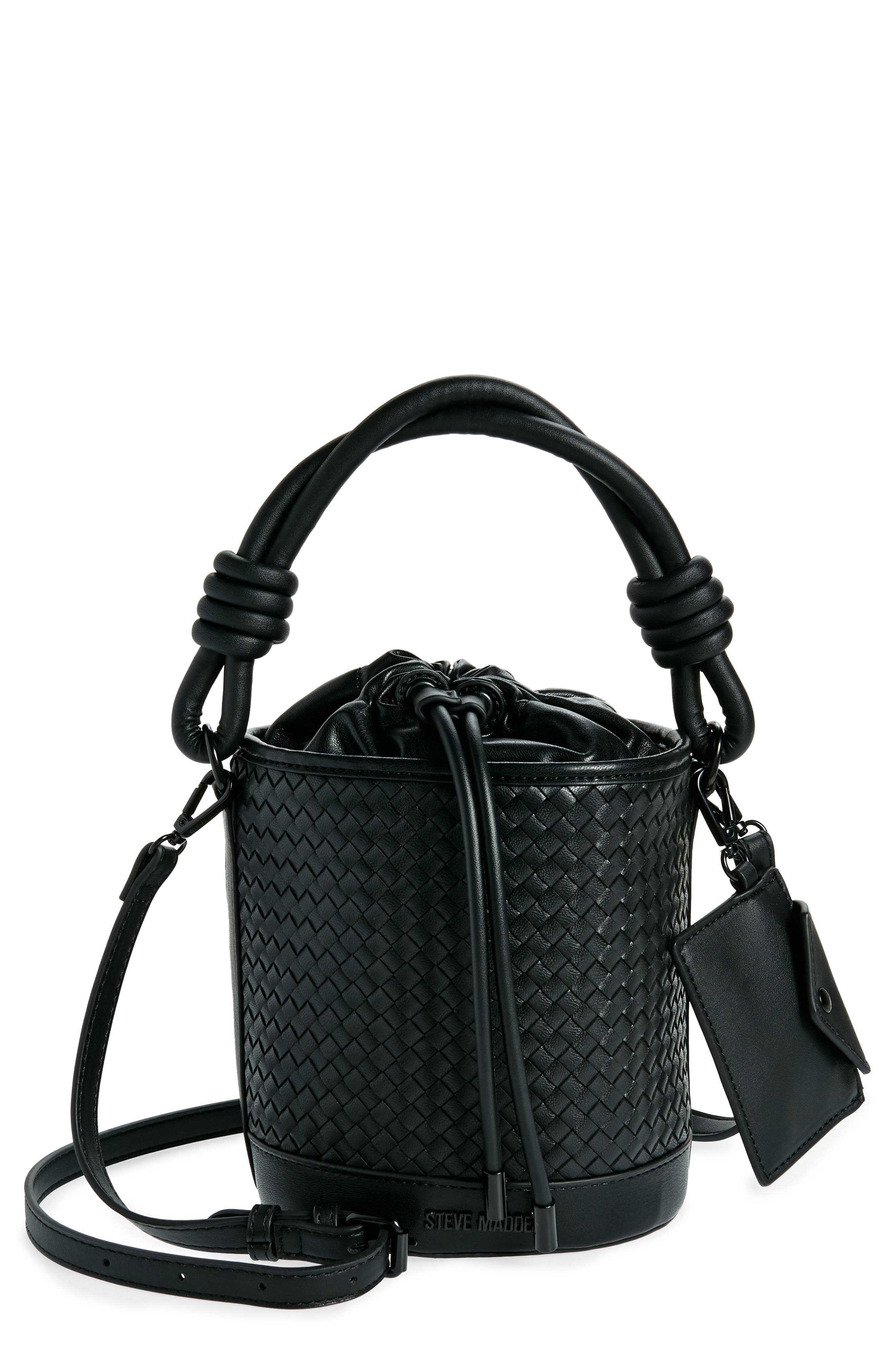 Steve Madden Whirl Woven Bucket Bag, Main, color, Black/ Black