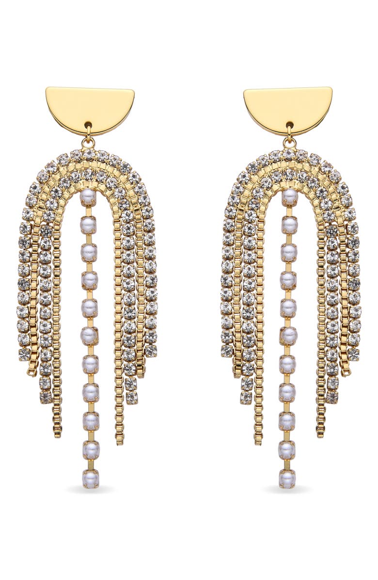 EYE CANDY LOS ANGELES Marie Imitation Pearl & Crystal Fringe Drop Earrings, Main, color, Gold
