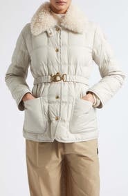 Moncler Cygnes Quilted Down Jacket with Faux Fur Collar