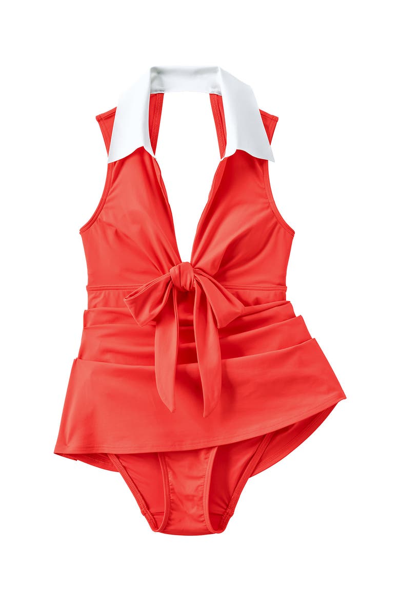 Polo Collar Tie Front Swim Dress Swimsuit, Alternate, color, Coral Bliss/White