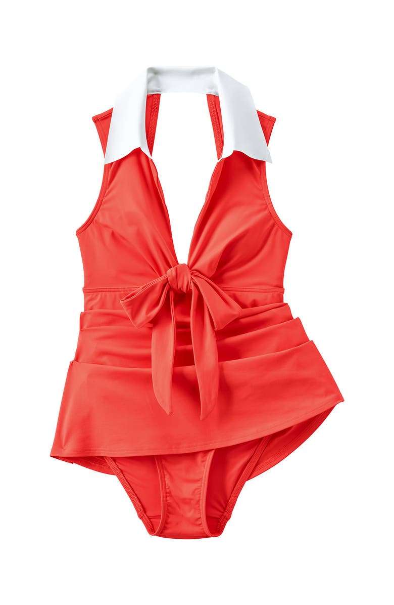 Lands' End Polo Collar Tie Front Swim Dress Swimsuit, Alternate, color, Coral Bliss/White