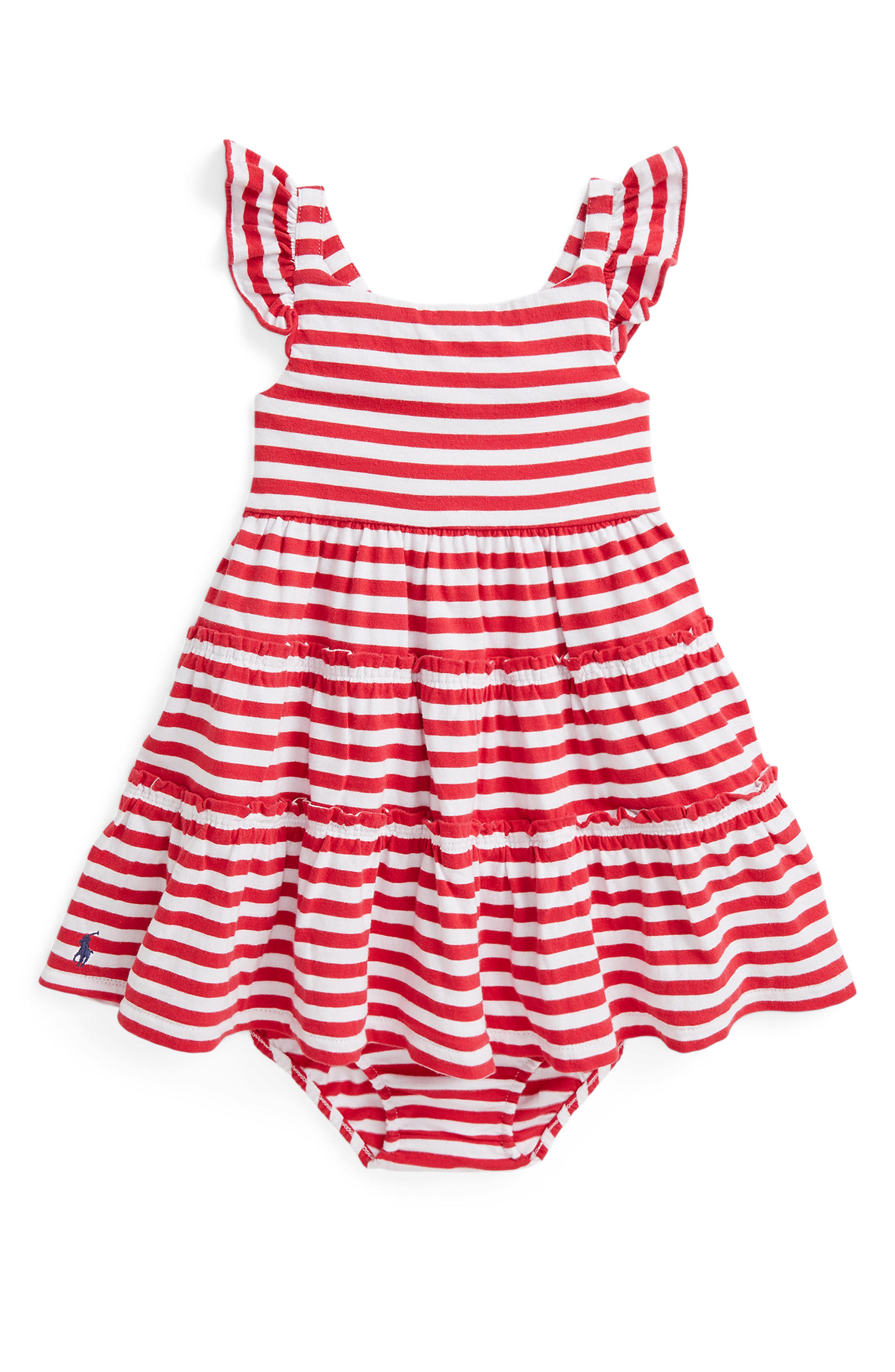 RALPH LAUREN RALPH LAUREN STRIPE COTTON JERSEY RUFFLE DRESS & BLOOMERS SET