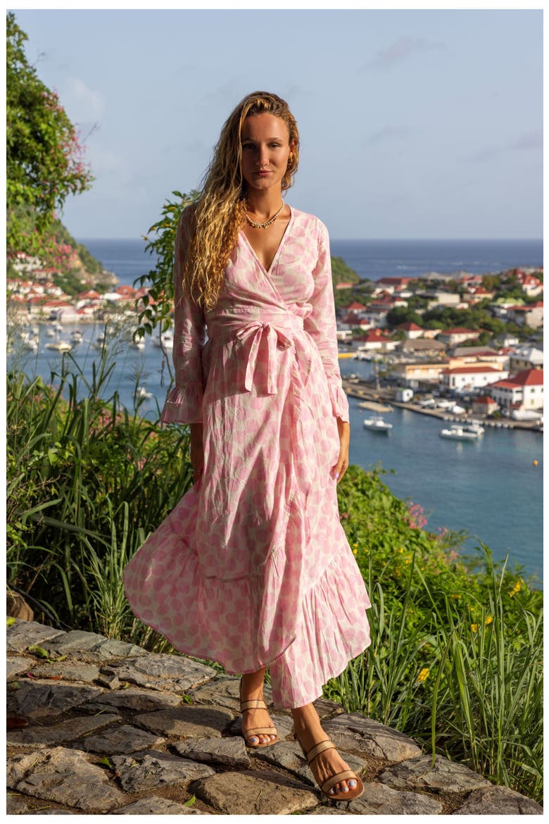 Genevieve Women's Ruffle Wrap Dress Shell Beach Pink, Alternate, color, Shell Beach Pink