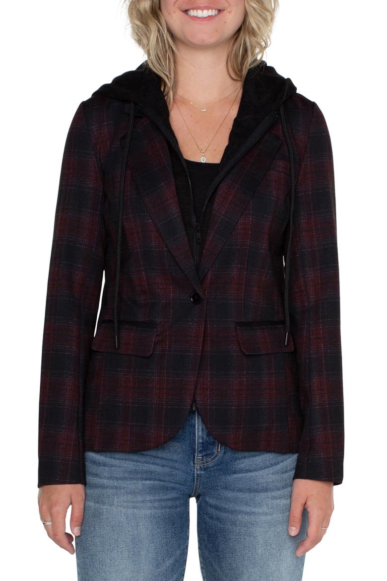 Plaid Boyfriend Blazer with Removable Hoodie Bib, Main, color, B/RD SHAD