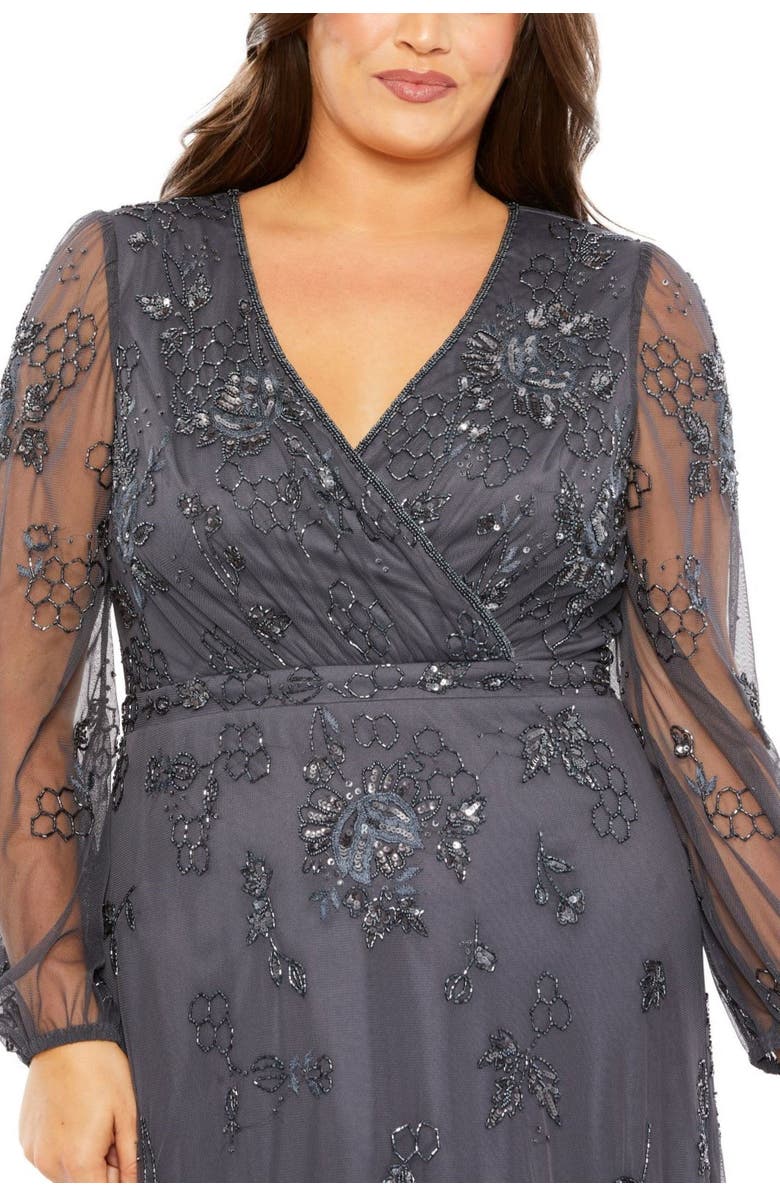 Mac Duggal Puff Sleeve V-Neck TIered Embellished Gown, Alternate, color, Charcoal