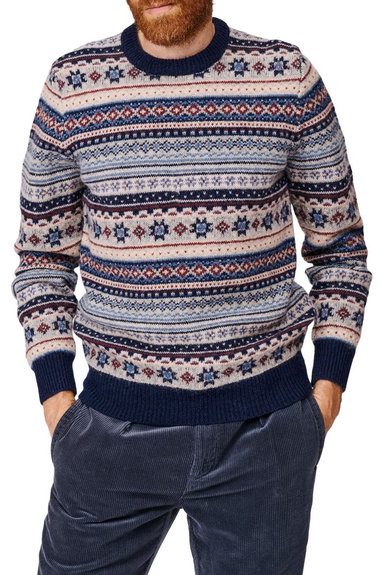 Fair Isle Crew Neck Wool Sweater, Alternate, color, Blue/Ecru Mix