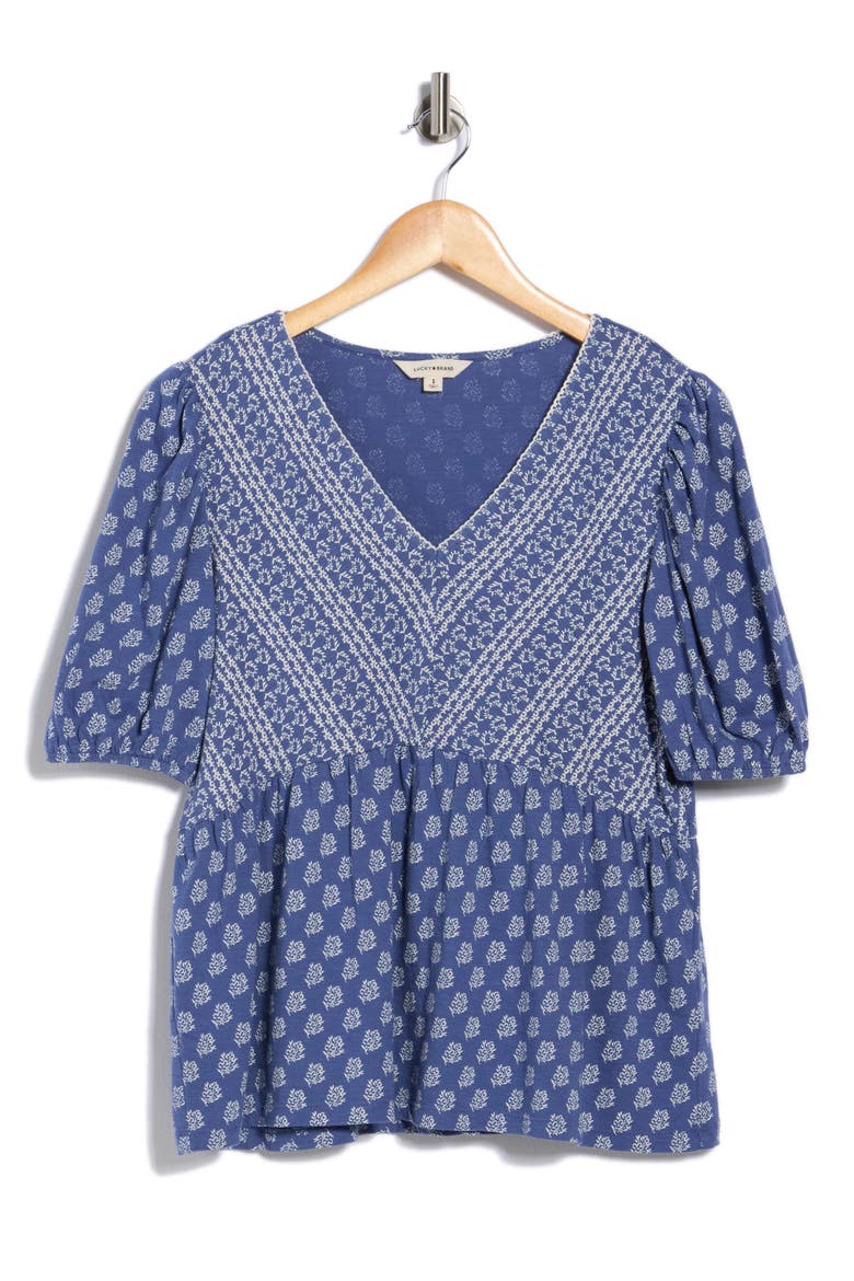 Mixed Print Puff Sleeve Cotton Babydoll Top, Alternate, color, BLUE FLORAL