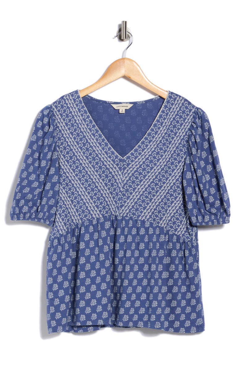 Lucky Brand Mixed Print Puff Sleeve Cotton Babydoll Top, Main, color, Blue Floral