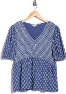 Lucky Brand Mixed Print Puff Sleeve Cotton Babydoll Top