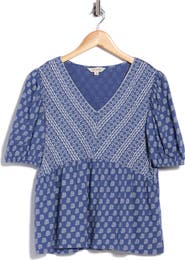 Lucky Brand Mixed Print Puff Sleeve Cotton Babydoll Top