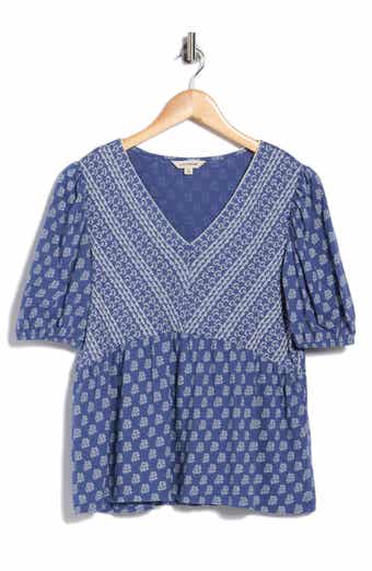 Lucky Brand Mixed Print Puff Sleeve Cotton Babydoll Top