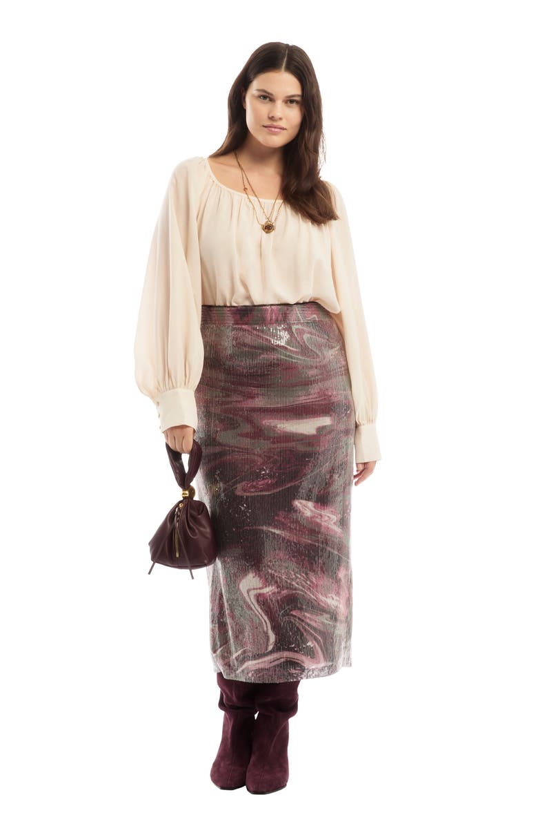 June + Vie Sequined Mesh Column Midi Skirt, Main, color, Marble