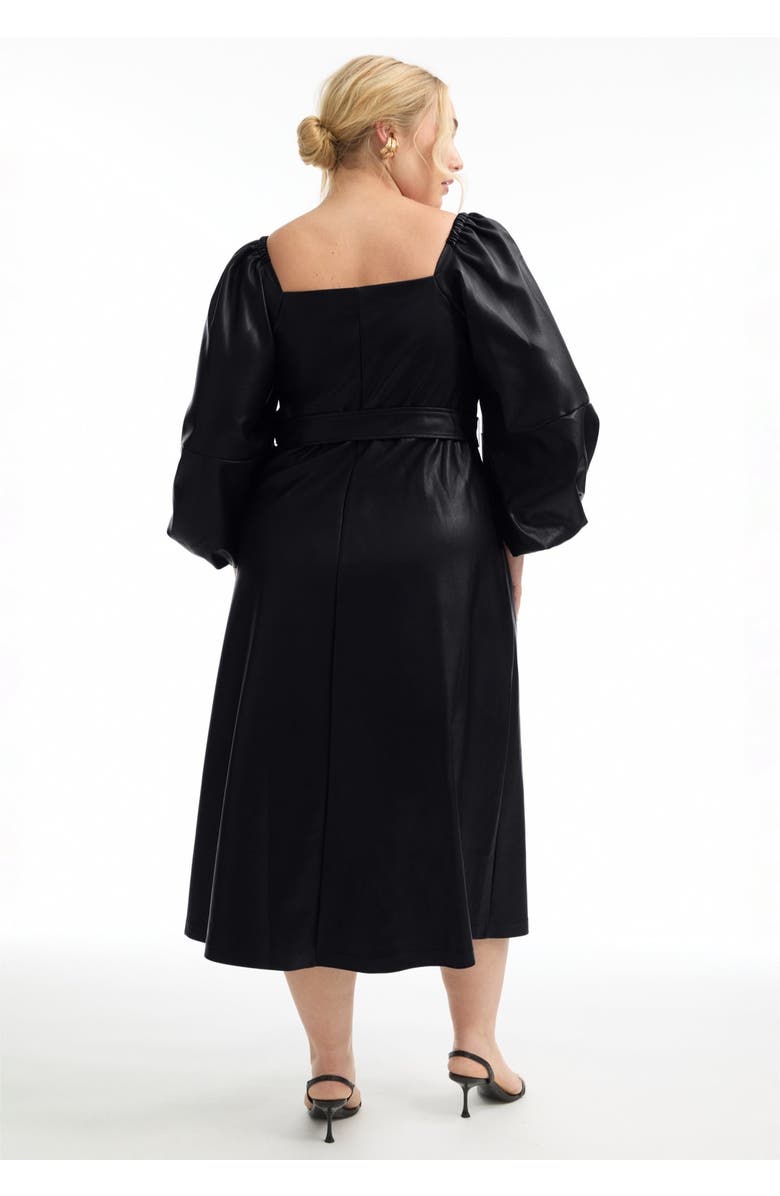 June + Vie Puff Sleeve Faux Leather Midi Dress, Alternate, color, Black Onyx