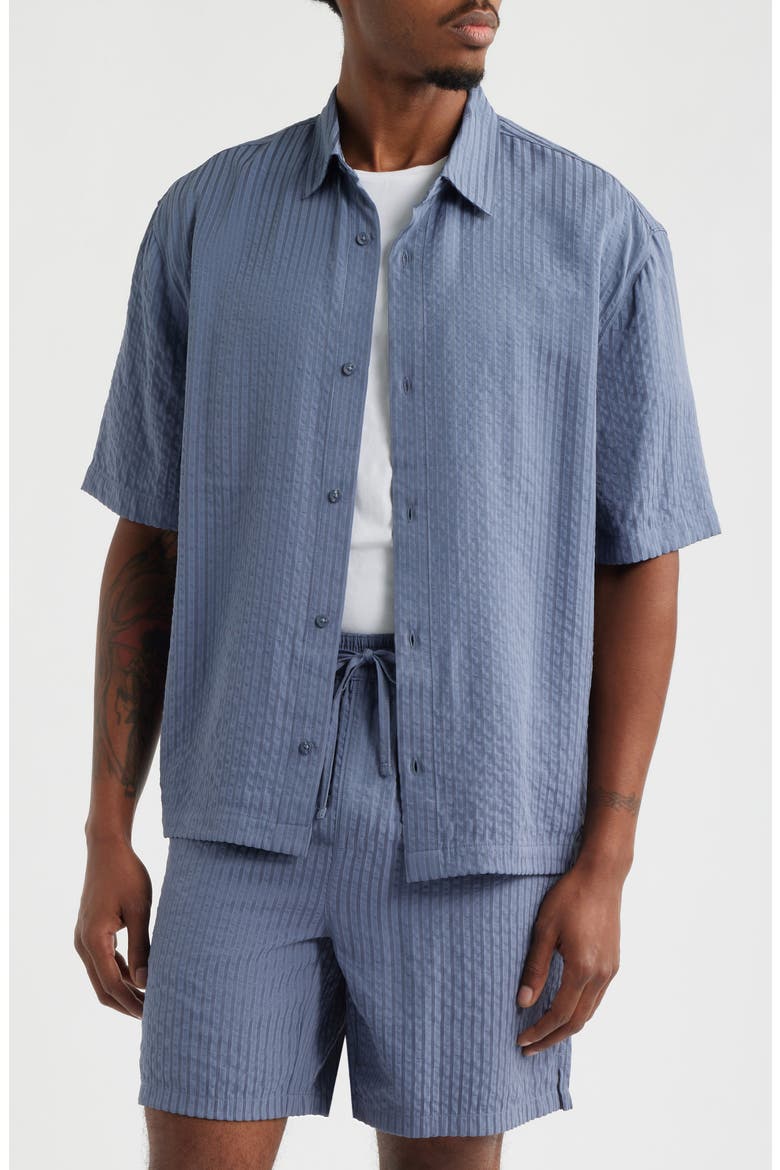 Stripe Short Sleeve Seersucker Button-Up Shirt, Main, color, GREY FOLKSTONE