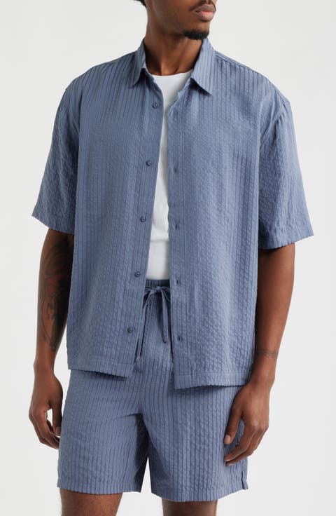 Stripe Short Sleeve Seersucker Button-Up Shirt