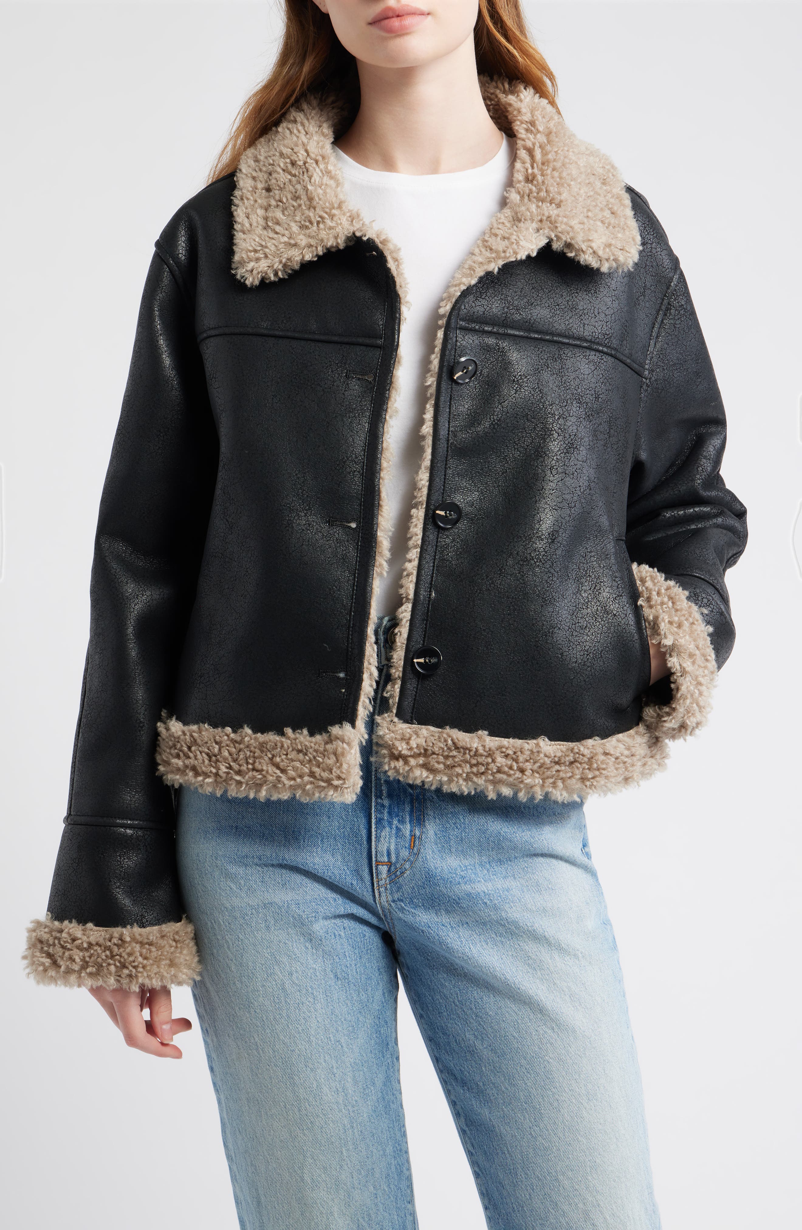 Faux Shearling Trim Faux Leather Jacket