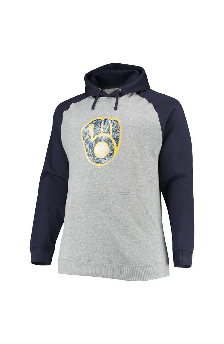 FANATICS Men's Fanatics Branded Heathered Gray/Navy Milwaukee Brewers Big & Tall Raglan Pullover Hoodie, Alternate, color, 