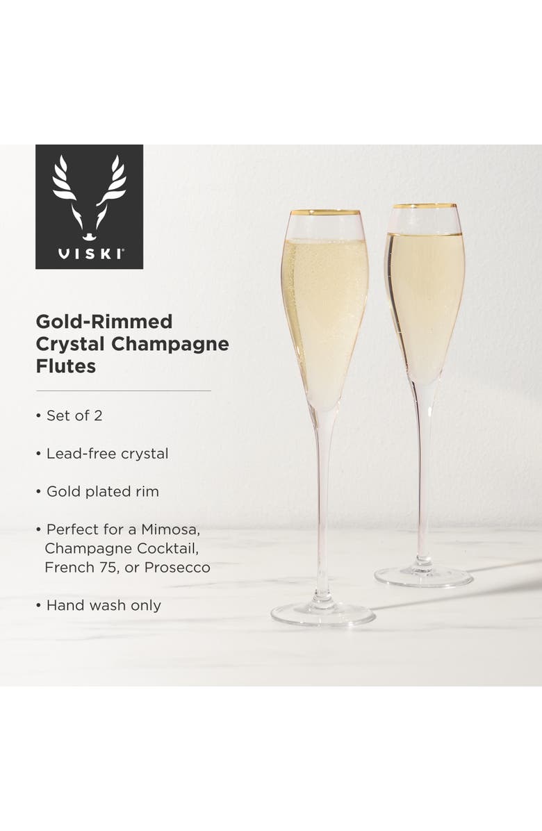 Viski Gold Rimmed Crystal Champagne Flutes Set of 2, Alternate, color, Clear
