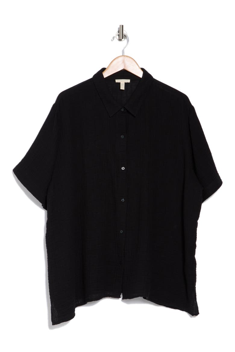 Classic Short Sleeve Organic Cotton Gauze Button-Up Shirt, Main, color, BLACK