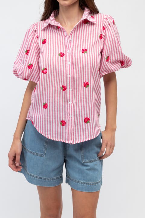 Short Sleeve Strawberry Embroidered Shirt