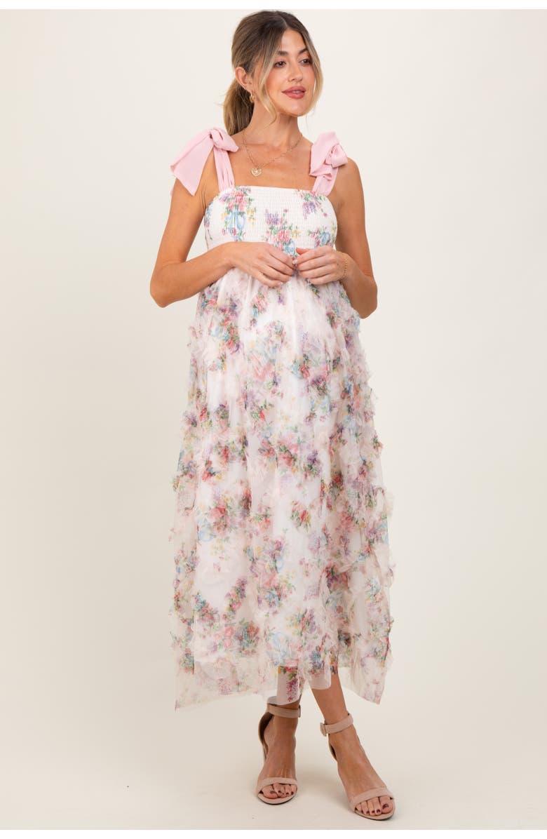 PinkBlush Floral Smocked Shoulder Tie Ruffled Midi Dress, Main, color, Cream
