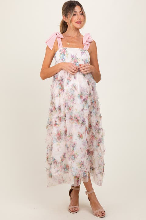 Floral Smocked Shoulder Tie Ruffled Midi Dress