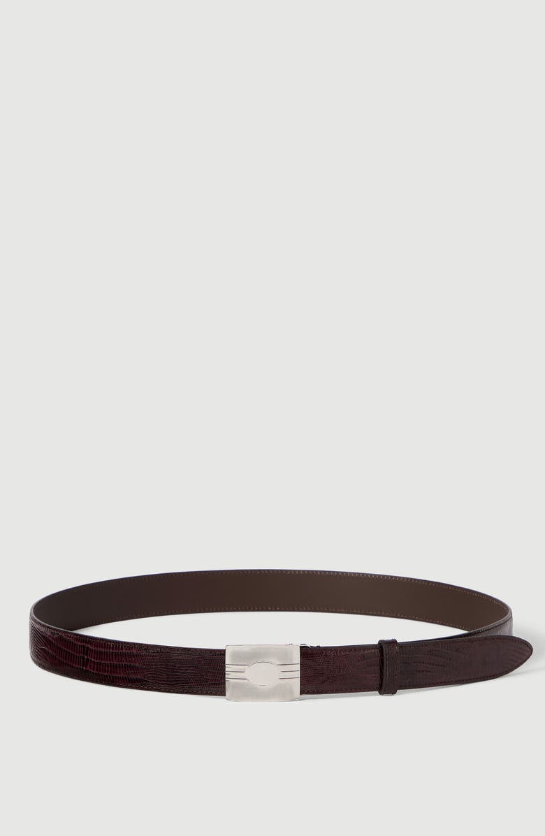Brunello Cucinelli Lizard belt with silver-plated bronze buckle, Main, color, Burgundy