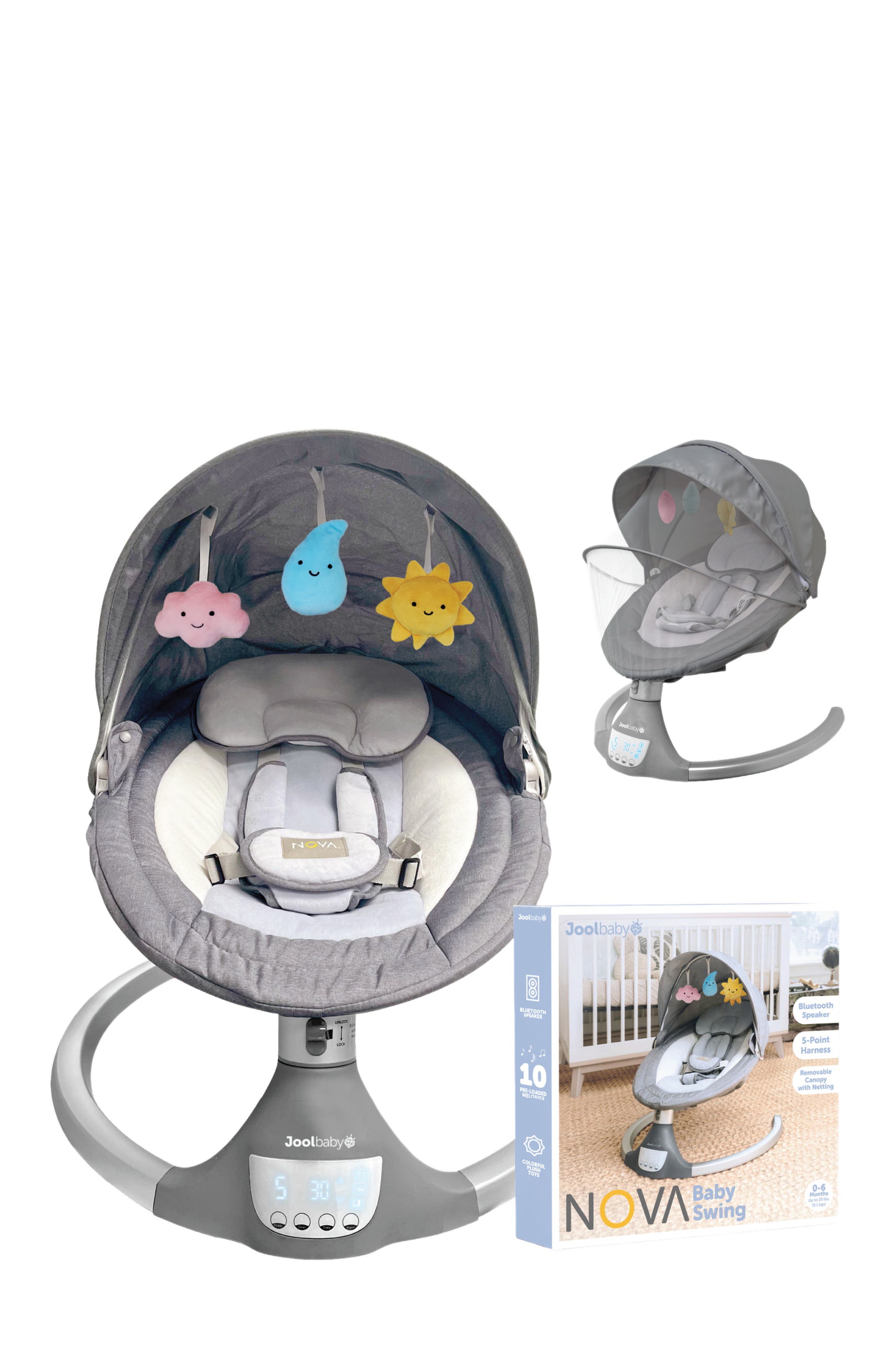 Jool Baby Nova Swing for Newborns - Electric Motorized Infant Swing, Bluetooth Music, 10 Preset Melodies, Remote in Gray 