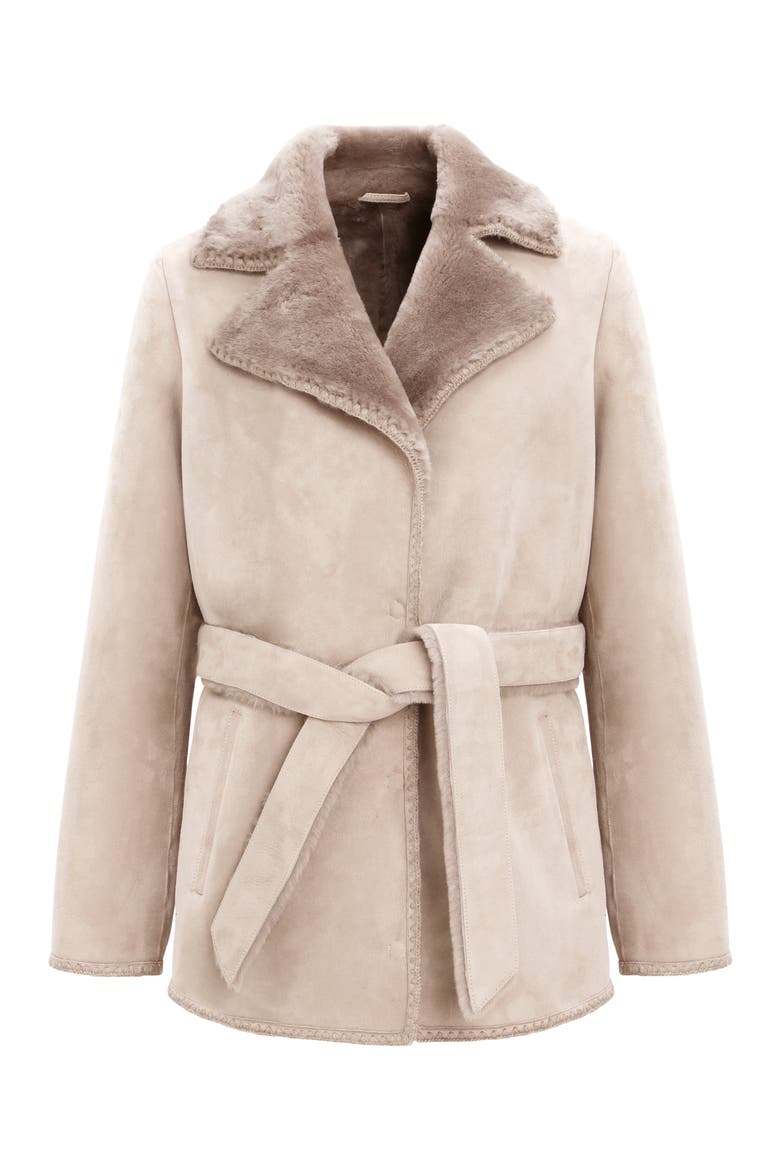 Genuine Shearling Belted Jacket with Whipstitch Trim, Alternate, color, Taupe
