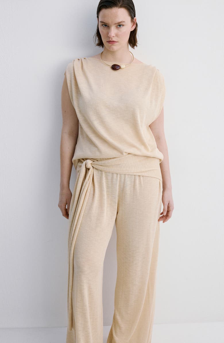 MANGO Wide Leg Knit Pants with Knotted Sash, Alternate, color, Ecru