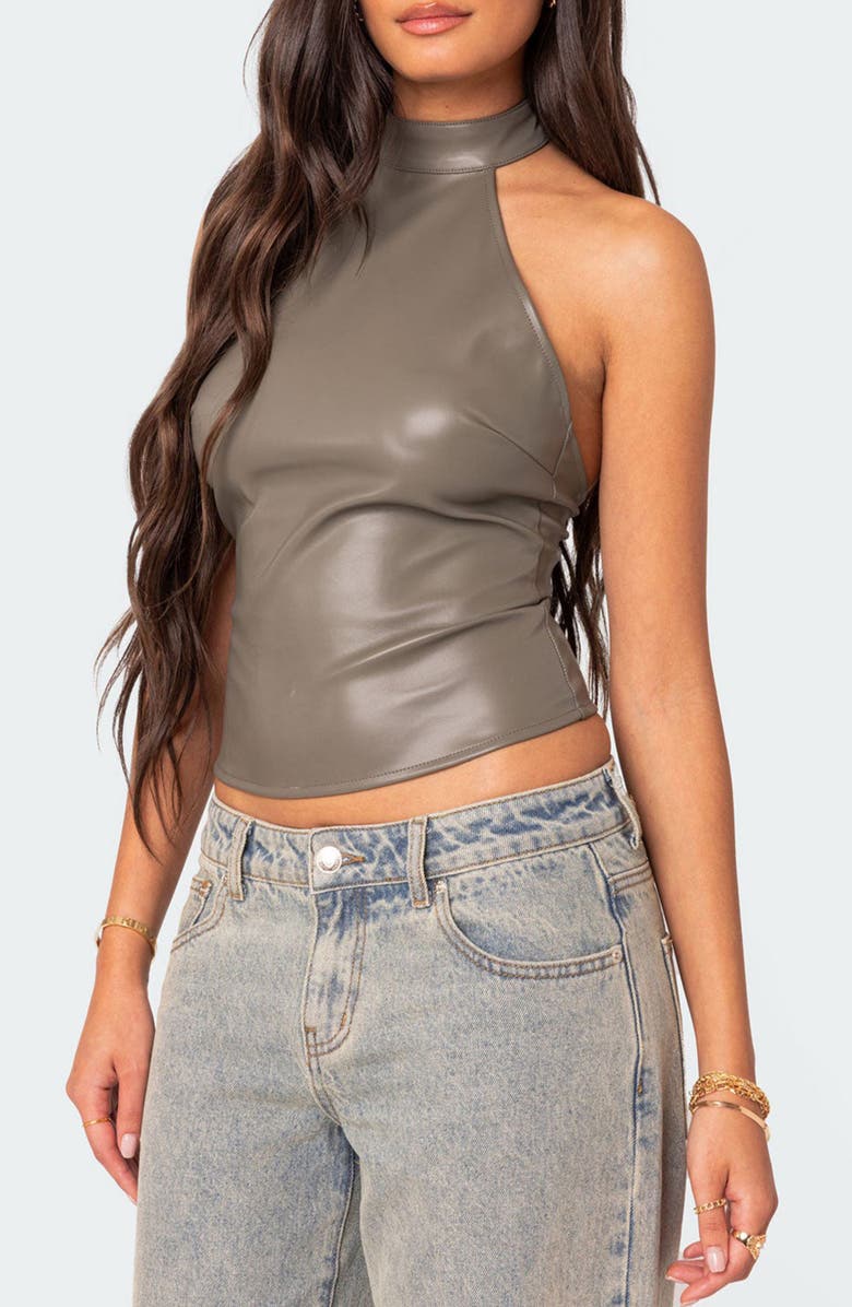 EDIKTED Sienna Faux Leather Halter Top, Alternate, color,