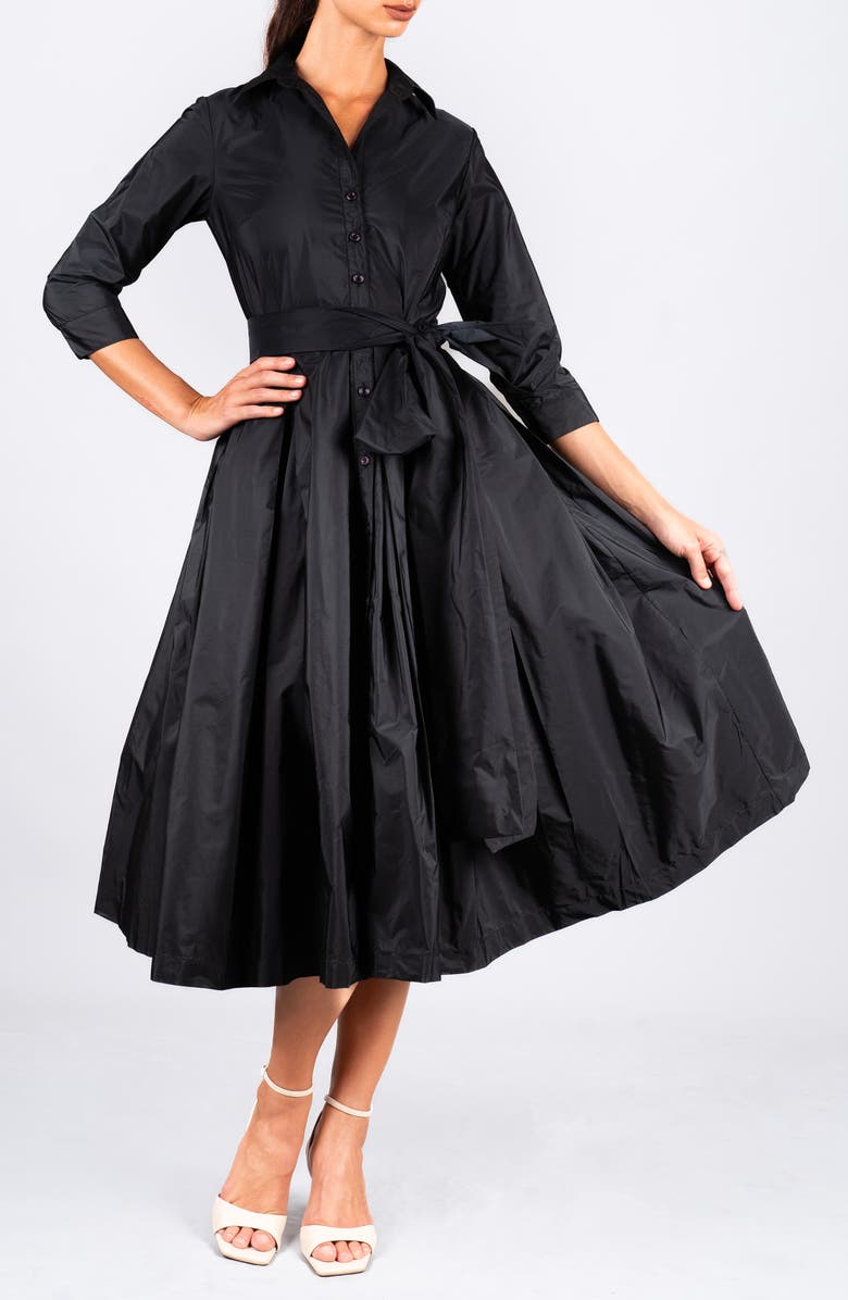 SAMANTHA SUNG Silk Pleated Midi Audrey Shirtdress, Alternate, color, Black