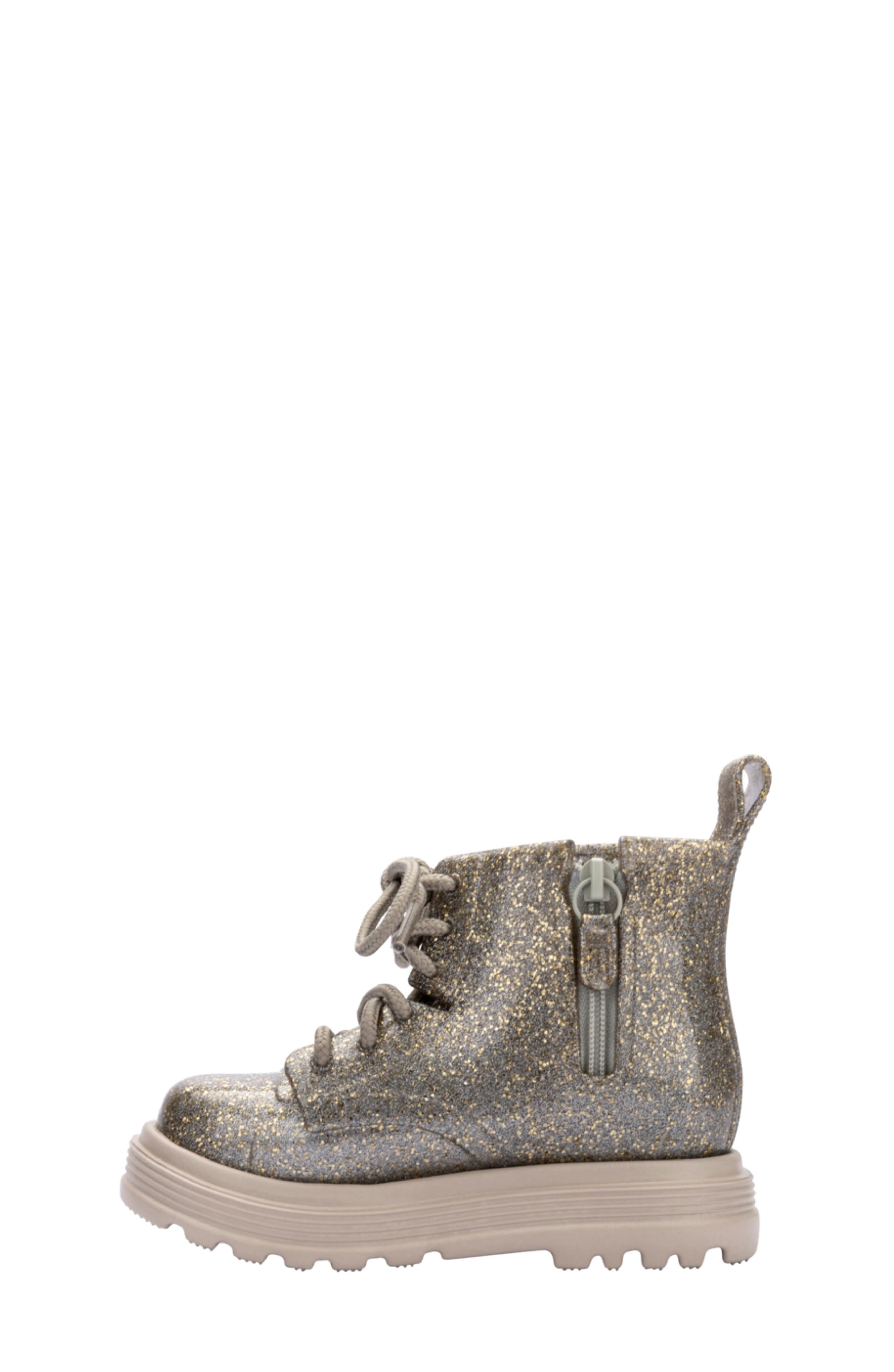 Mini Melissa Kids' Coturno Combat Boot, Alternate, color, Beige/ Golden Glitter