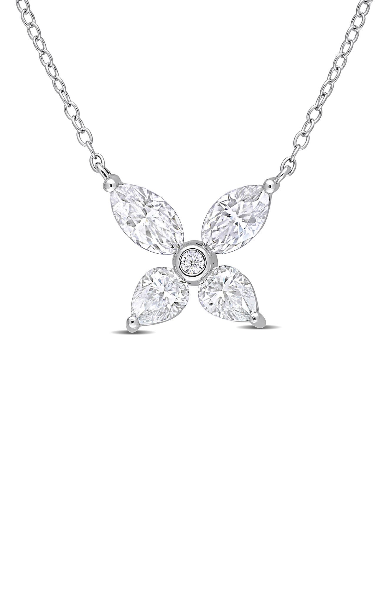 DELMAR Sterling Silver Created Moissanite Flower Pendant Necklace