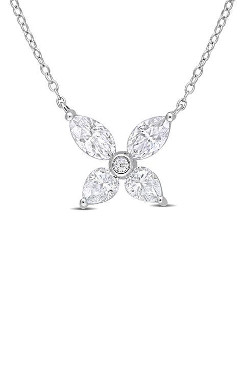 Sterling Silver Created Moissanite Flower Pendant Necklace