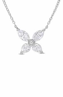 DELMAR Sterling Silver Created Moissanite Flower Pendant Necklace
