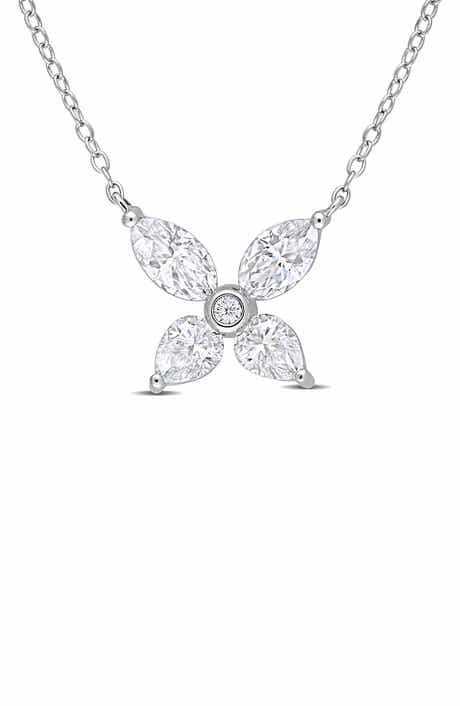 DELMAR Sterling Silver Created Moissanite Flower Pendant Necklace