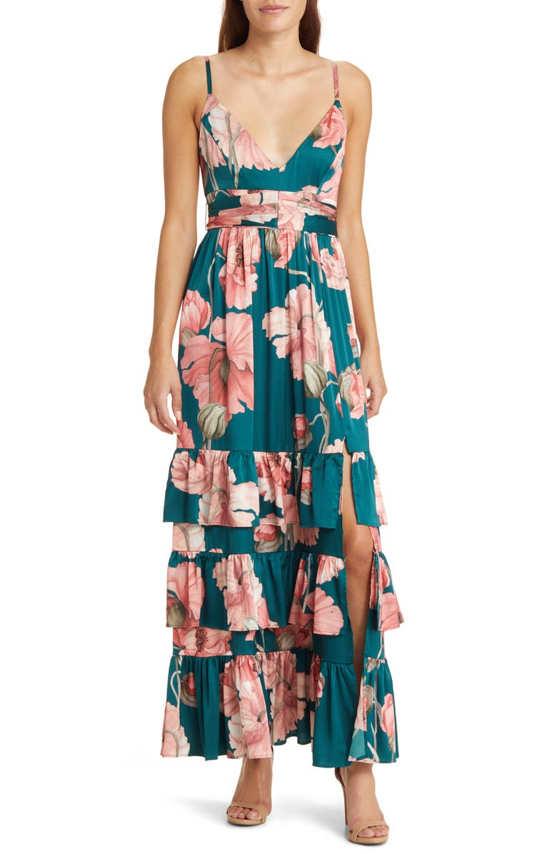 Hutch Guthrie Floral Print Tiered Ruffle Dress, Main, color, Emerald Vining Painted Floral
