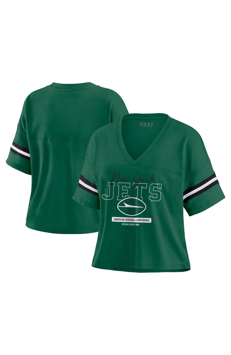 WEAR by Erin Andrews Women's WEAR by Erin Andrews Green New York Jets Color Block Boxy Modest Crop V-Neck T-Shirt, Main, color, Green