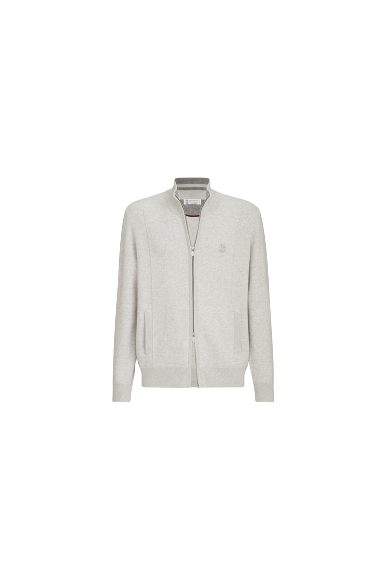 Cashmere double knit cardigan with zipper and logo, Alternate, color, Light Grey