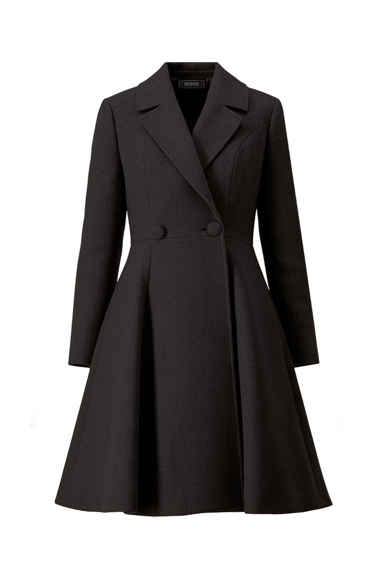 Notched-Lapel Wool-Blend Fit-and-Flare Coat, Alternate, color, Black