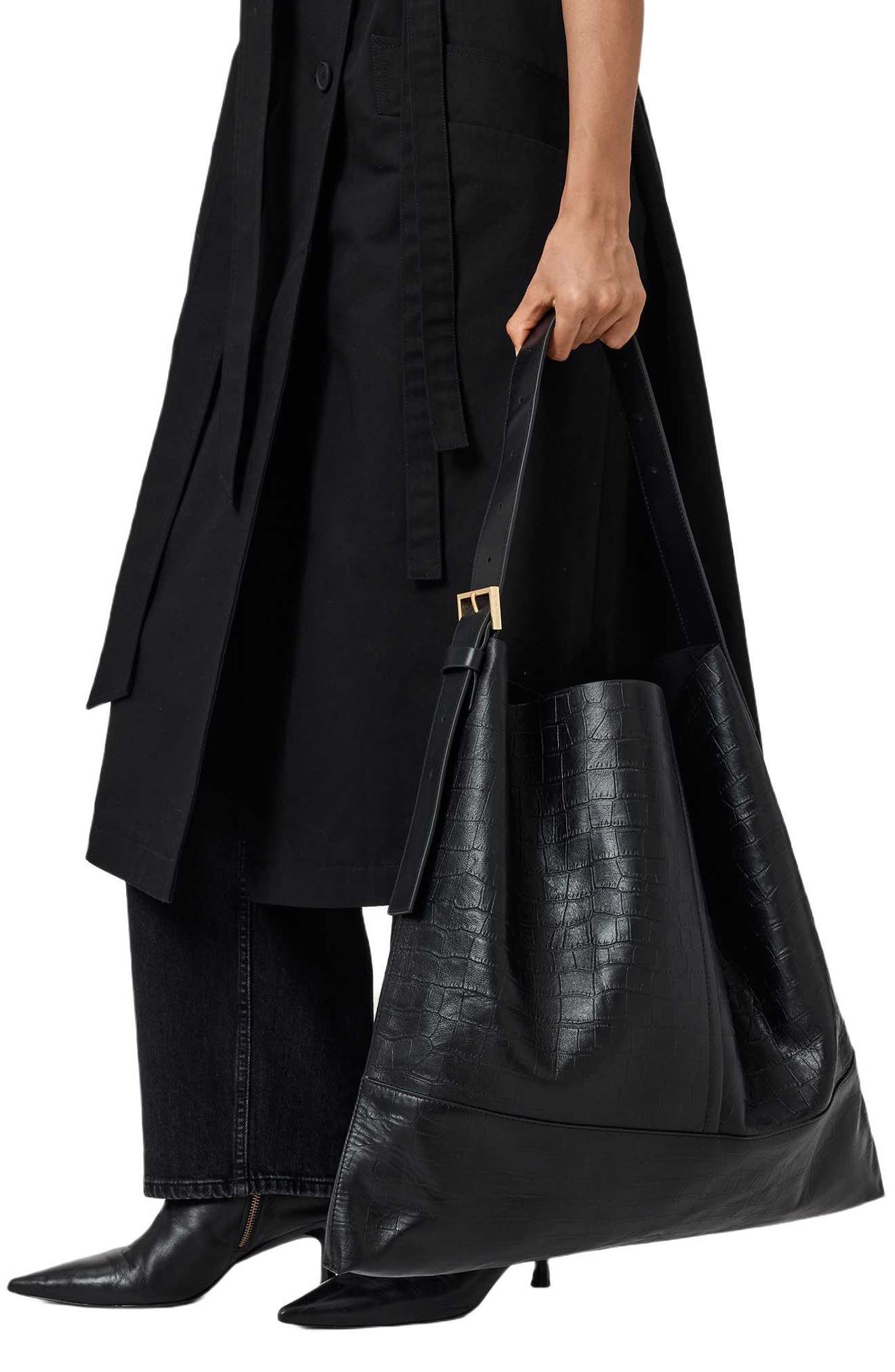 Asha Croc Embossed Leather Shoulder Bag, Alternate, color, BLACK