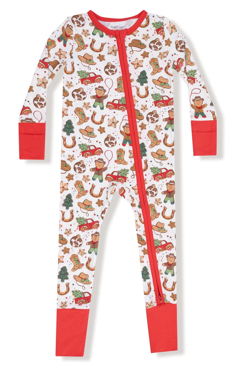 Angel Dear Cowboy Christmas Print Zip Romper, Main, color, White/ Red