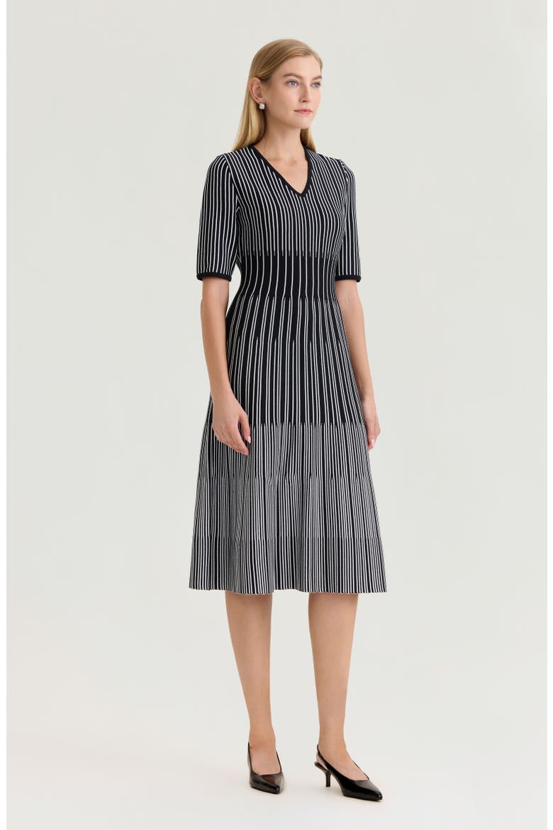 Fit-N-Flare Linear Soft Knit Midi Dress, Alternate, color, Black/White